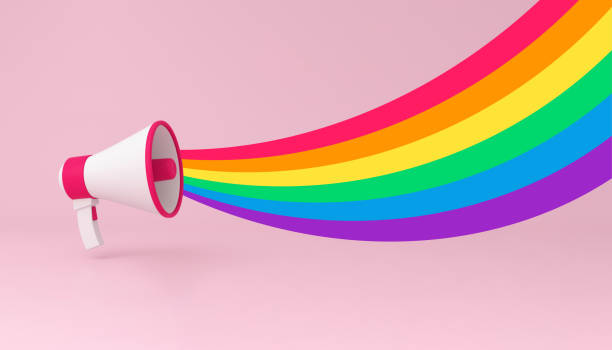 anuncio de megáfono sobre fondo rosa con la bandera del arco iris del orgullo. - gay pride flag audio fotografías e imágenes de stock