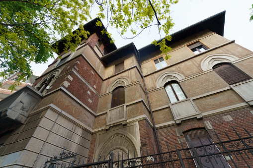 Milan, Italy - April 22, 2023: Milan, Lombardy, Italy: exterior of the historic castle Pozzi