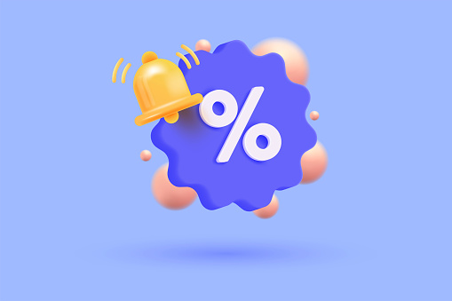 3d tag price icon with bell notification for discount coupon online. Sales with an percent offer 3d for shopping, special offer promotion reminder. 3d vector rendering illustration