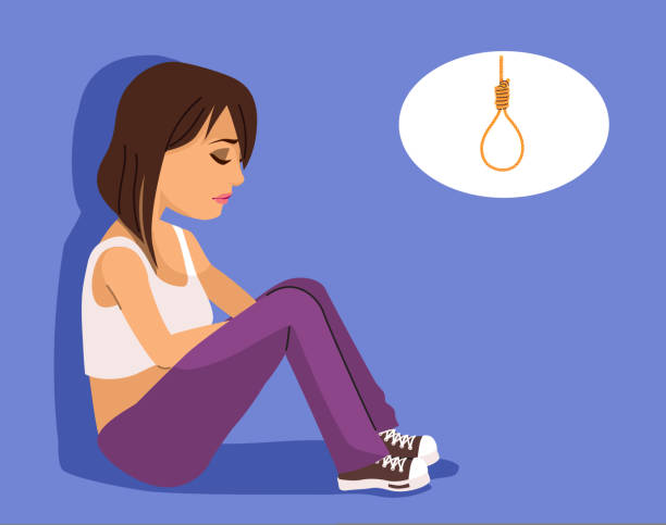 Sad Depressed Woman Thinking Of Suicide vector art illustration