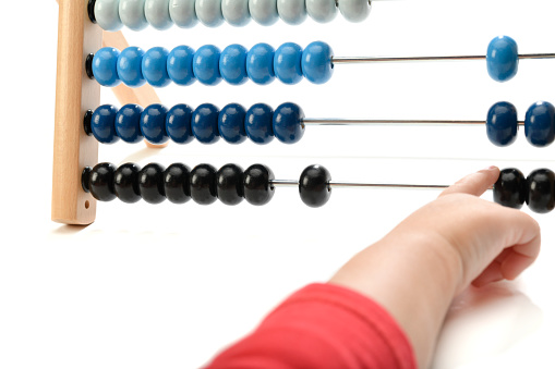 Kid playing with abacus isolated on white background