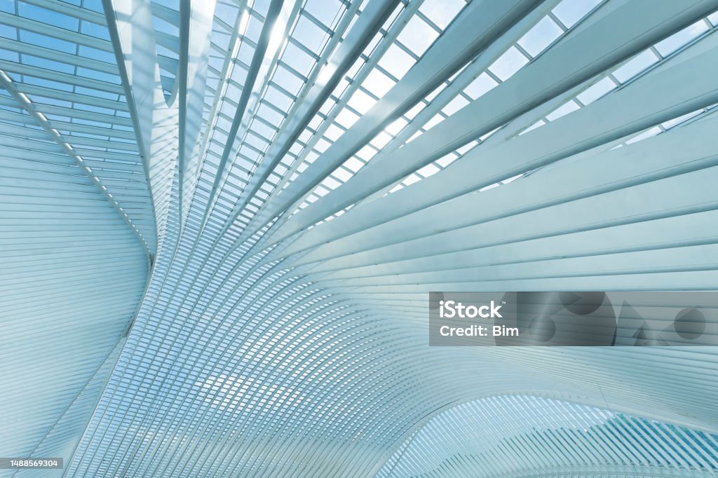 Modern Architecture in Railroad Station Interior of the modern architecture railway station in Liege-Guillemins. Architecture Stock Photo