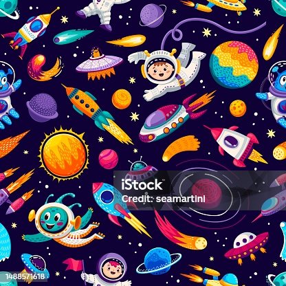 istock Cartoon kids space and galaxy seamless pattern 1488571618