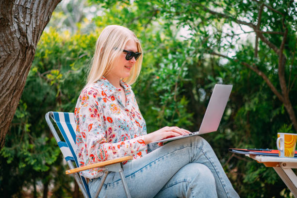 istock Blond  Freelancer Woman Working in the Garden 1488573572
