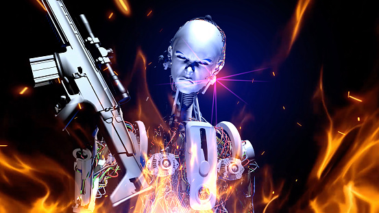 Terminator robot is holding a machine gun in flames. In the future, artificial intelligence will become even more intelligent. Reasoned robots can cause rebellion in the future. They may participate in dangerous protest actions. / You can see the animation movie of this image from my iStock video portfolio. Video number: 1487230269