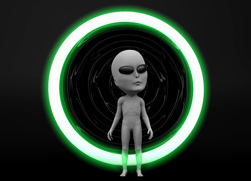 A gray alien with a bulb head at the opening dimensional door. / You can see the animation movie of this image from my iStock video portfolio. Video number: 1488139129