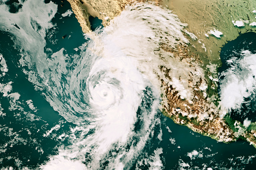 3D Render of a Topographic Map of the Pacific Ocean near Mexico with the clouds from September 07, 2022. \nCategory 2 Hurricane Kay over the Pacific Ocean near Baja California peninsula.\nAll source data is in the public domain.\nCloud texture: Global Imagery Browse Services (GIBS) courtesy of NASA, VIIRS data courtesy of NOAA.\nhttps://www.earthdata.nasa.gov/eosdis/science-system-description/eosdis-components/gibs\nColor texture: Made with Natural Earth.\nhttp://www.naturalearthdata.com/downloads/10m-raster-data/10m-cross-blend-hypso/\nRelief texture: GMTED 2010 data courtesy of USGS. URL of source image:\nhttps://topotools.cr.usgs.gov/gmted_viewer/viewer.htm\nWater texture: SRTM Water Body SWDB: https://dds.cr.usgs.gov/srtm/version2_1/SWBD/