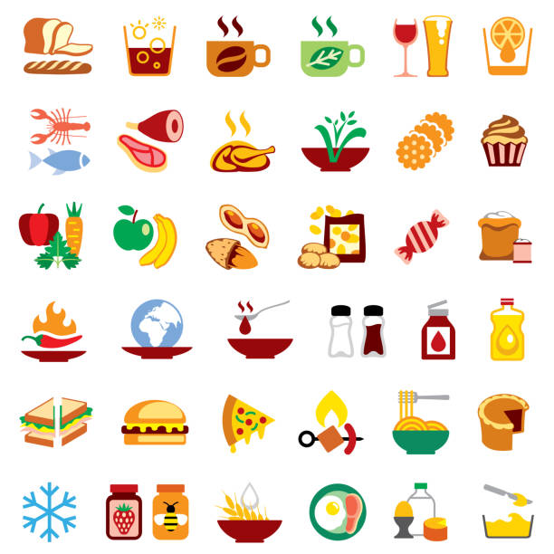 Grocery Food and Drink Isolated Icons Isolated flat color icons of different food and drink categories soup and sandwich stock illustrations