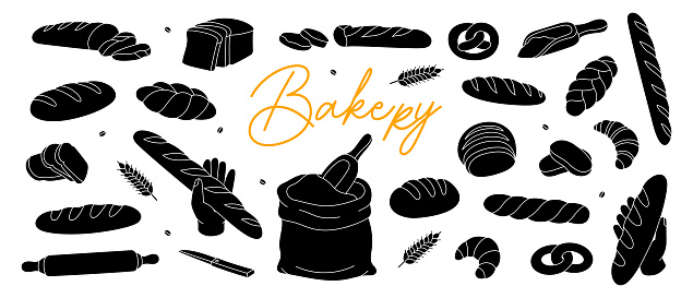 Bakery sketch set. Bread and pastry banner menu illustration. Whole grain and wheat bread, pretzel, ciabatta, croissant, french baguette. Vector illustration isolated on white background.