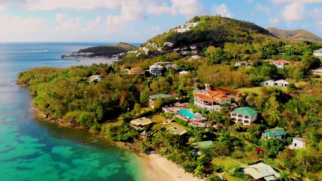 Saint Lucia Castries from above with luxury hotels , St Lucia tropical Island with blue ocean