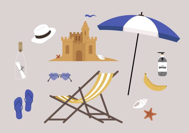 A set of beach summer objects, a sand castle, a striped deck chair, a pair of flip flops, a bottle of SPF filter cream, a banana, a hat, an umbrella A set of beach summer objects, a sand castle, a striped deck chair, a pair of flip flops, a bottle of SPF filter cream, a banana, a hat, an umbrella banana seat stock illustrations