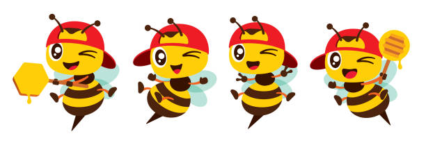 flache design-karikatur niedliche rote kappe arbeiter biene augenzwinkern sammlung mit verschiedenen posen vektorillustration - worker bees stock-grafiken, -clipart, -cartoons und -symbole