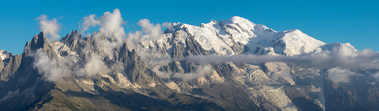 The panorama of Mont Blanc massif  Les Aiguilles towers.