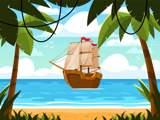 ilustraciones, imágenes clip art, dibujos animados e iconos de stock de vector de barco de madera - goleta barco de vela