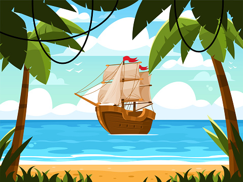 Sailing ship in the sea. Wooden sailboat on water. Ship off the coast of a tropical island. Cartoon vector illustration.