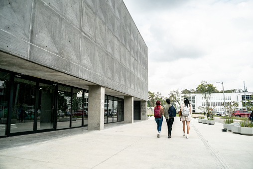 Rear view of students walking through university campus