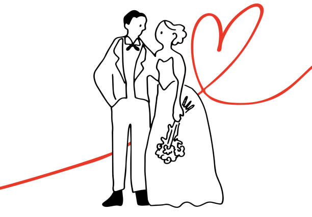 иллюстрация пары на свадьбе (штрих-арт белой краской) - wedding reception valentines day gift heart shape stock illustrations