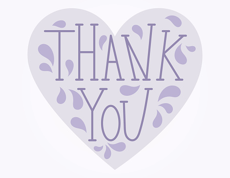 Handwritten cute lettering Thank you. Vector flat isolated heart shaped sticker or label.