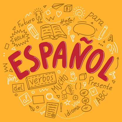 Espanol. Translation Spanish. Spanish language doodles and lettering. Presente, hola, idioma, Futuro, mucho, para, verbos. Translate: Present, hello, language, Future,a lot, for, verbs