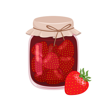 Strawberry jam in glass jar and fresh red berry. Vector cartoon flat illustration. Sweet food icon.