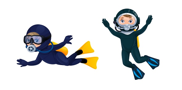 Cartoon divers, underwater scuba diving sport vector characters. Cute boy and girl diver personages swimming in deep ocean or sea waters with diving mask, helmet, wetsuits, flippers and gloves