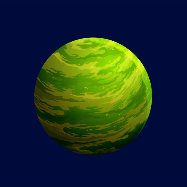 Cartoon green space planet, galaxy alien fantasy Cartoon green space planet for galaxy game or alien fantasy earth, vector icon. Cosmic world planet with green craters surface, space exoplanet or moon in cosmos or extraterrestrial solar system extrasolar planet stock illustrations