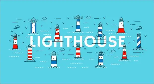 Vector illustration of Line sea lighthouses and beacons, waves and beams