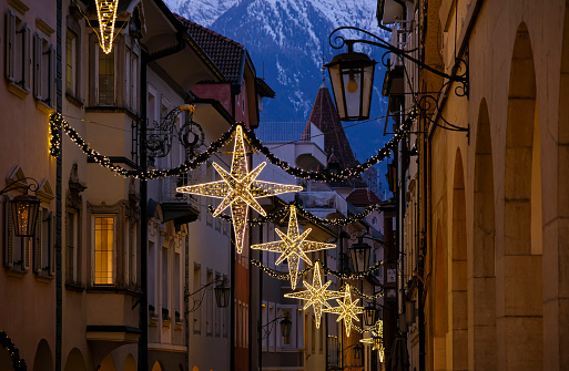 Christmas in Merano (South Tyrol). Stylish decoration in the shopping streets of the old town (Meraner Lauben).
