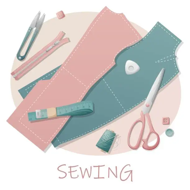 Vector illustration of Postcard with sewing tools. Sewing, hobby, needlework. Illustration with a pattern, pattern and scissors. Background, banner flyer for a sewing workshop