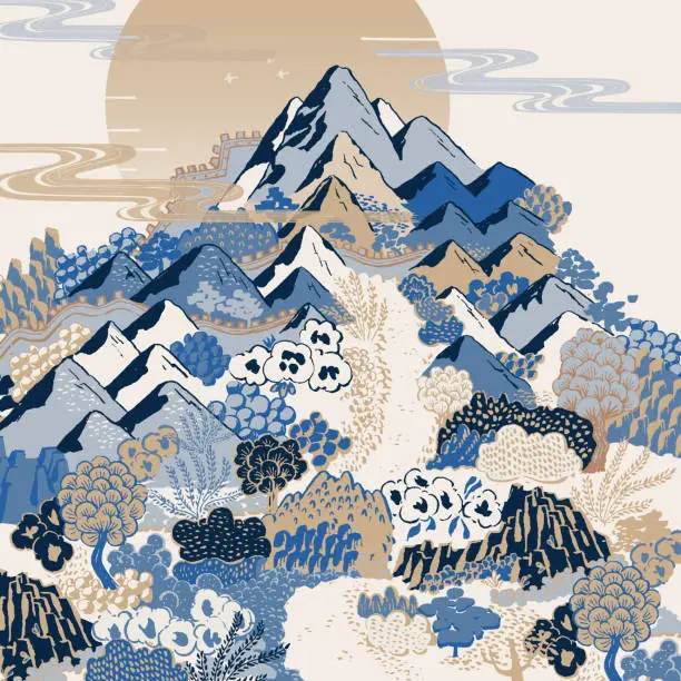 Vector illustration of Illustration capturing the poetic beauty of mountain landscapes in Korea