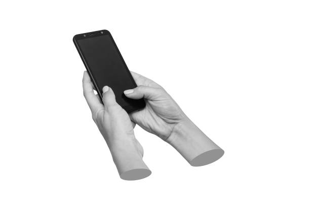 istock Mobile phone with black screen with empty copy space in female hands isolated on a white background 1488592022
