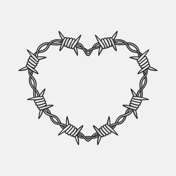 Vector illustration of barbed wire heart Vector illustration of barbed wire heart isolated on white background. Heart shape frame from twisted barbwire. Security fence sign rusty barb stock illustrations