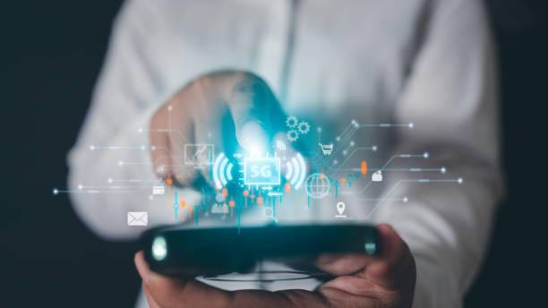 istock Fingers touch the virtual screen displayed on the phone screen by connecting to the high-performance 5G signal, data transfer, connecting various systems on the smartphone. 1488596008