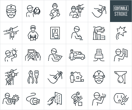 A set of electrician and electrical engineer icons that include editable strokes or outlines using the EPS vector file. The icons include an male electrician wearing a ball cap and wearing sunglasses, electrician holding a bundle of wires, electrical engineer holding an electrical bolt, electrical engineer wearing hard hat inspecting a power-line, hand using wire cutters to cut wires, power-line on power pole, electrician with tool belt, light switch, electrician working, power plant, live wire, electrical engineer holding up lit light bulb, hands using a multi-meter, electrical engineer reviewing wiring blueprint plans, electrician with toolbox standing next to work van, wire nut, electrician working on an electrical box, electric utility worker working on power-lines, electrician tools, wire strippers stripping wires, male electrician wearing hard hat, powered light bulb, technician working on solar panels, power cord, electrician installing solar panels and a power outlet.