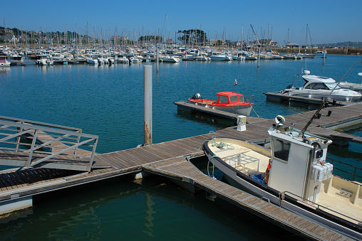 Fishing boats are moored in the water of the San Francisco Bay with the Fisherman's Wharf in the background.