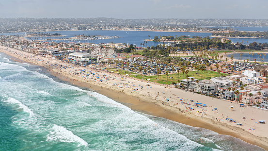 Aerial view of Mission Beach and Belmont Park during sunny day, San Diego, California, USA.