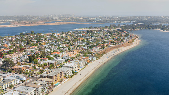 Aerial view of Fishermans Chanel and Crown Point in Mission Bay, San Diego, California, USA.