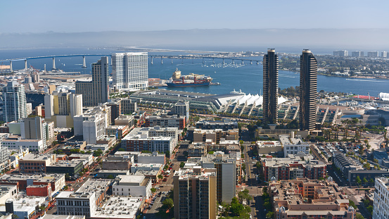 Aerial view of Coronado city against bridge, San Diego, California, USA.