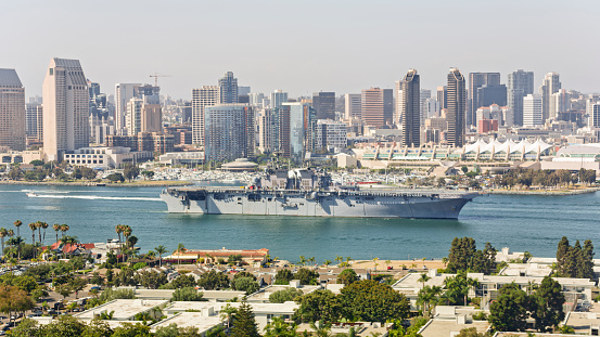 Kaohsiung, Taiwan -- June 2, 2019: A guided missile destroyer of the Taiwan navy is anchored in Kaohsiung Port.