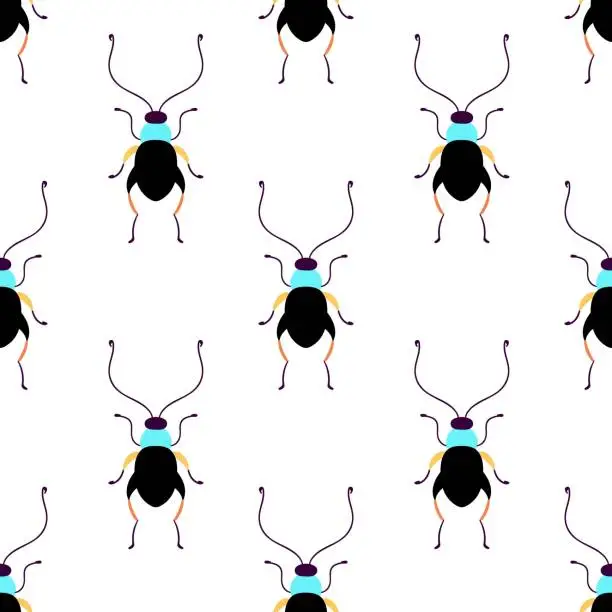 Vector illustration of Black beetles. Seamless pattern with cartoon elements.