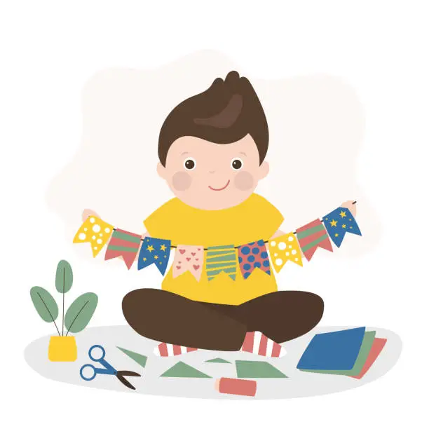 Vector illustration of Little caucasian boy cuts and glues handmade crafts. Smart child made flags to decorate room or christmas tree. Education, creativity and art.