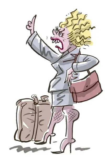 Vector illustration of Angry female passenger waiting with her suitcase