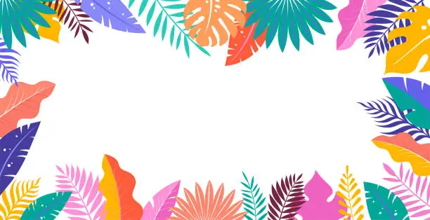 Vector illustration of Summer background, abstract design with tropical leaves, colorful shapes
