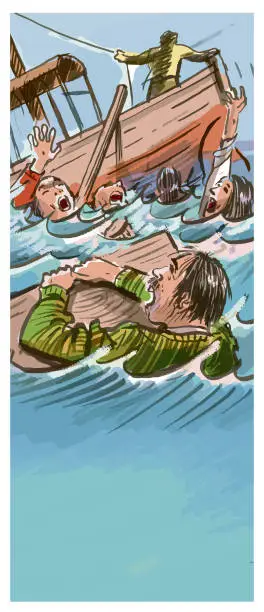 Vector illustration of sinking boat and overboard passengers