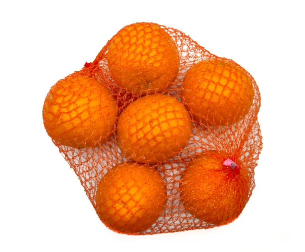 istock Set of Orange Fruits in String Bag on White Background. 1488605530