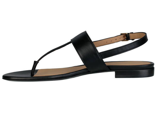 istock Black women's sandals, classic on flat sole, isolated background. 1488605687