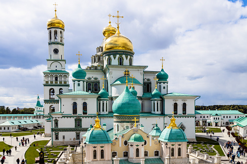 Istra, Russia - May 7, 2023: courtyard of New Jerusalem Monastery with Underground Church of Constantine and Helena and Resurrection Cathedral of near Istra town in Moscow Region of Russia
