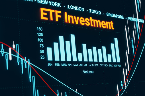 Screen with chart, lines and bar graph. Stock market, ETF investment, financial report, investment funds concept. 3D illustration