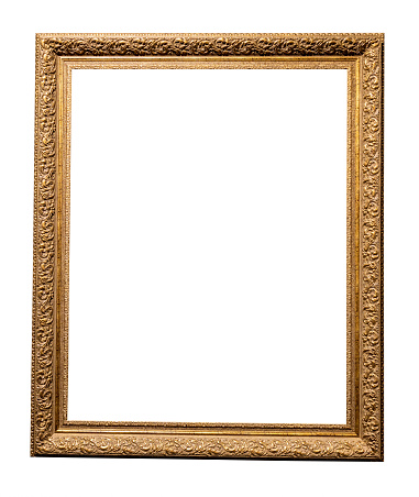 old vertical golden wooden picture frame isolated on white background with cut out canvas