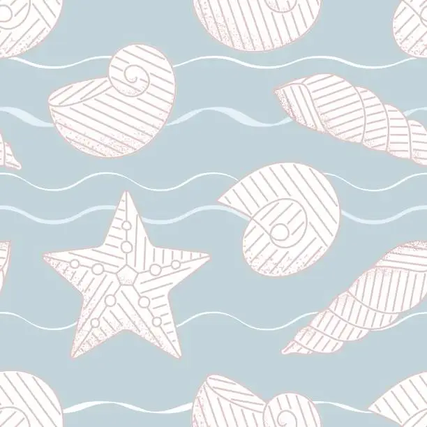 Vector illustration of Sea shell vector seamless pattern. Textured seashells, stars background. Summer line doodle shapes on blue, underwater vintage fabric, wrap.